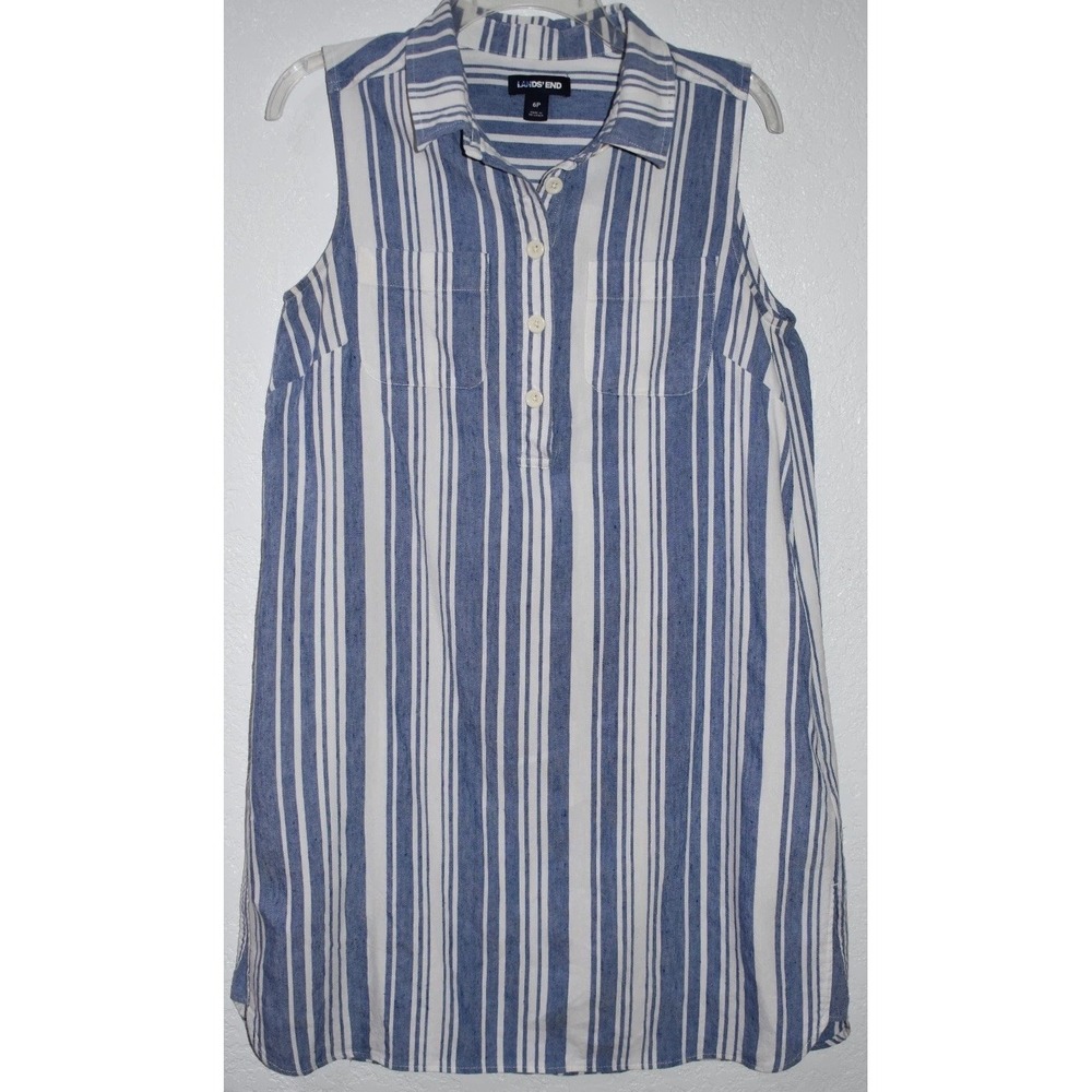 Lands End 6P Shift Dress Linen Stretch Blue Stripe Coastal Beachy Cozy Pockets